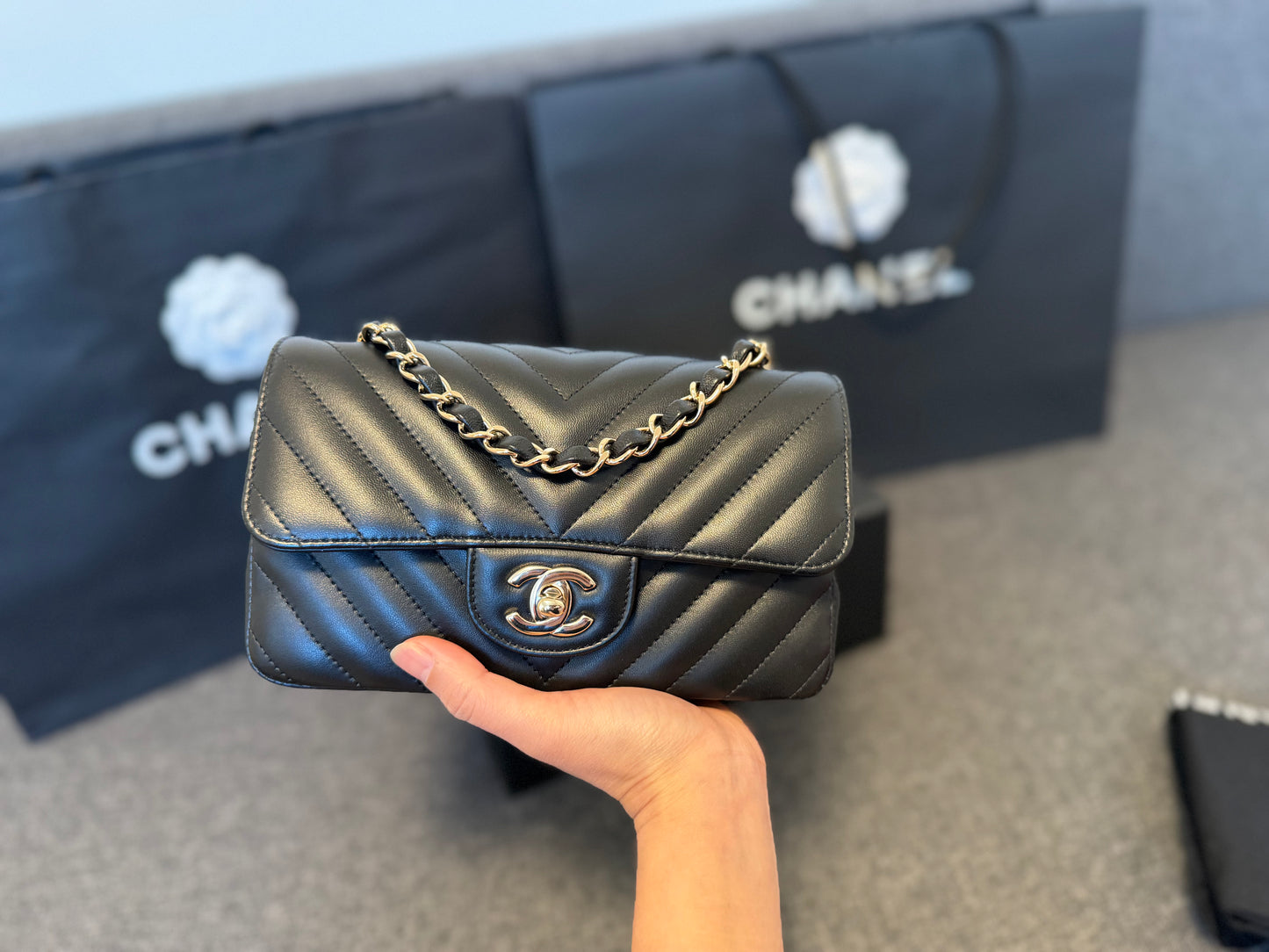 Chanel Mini Black Chevron Classic Flap Bag