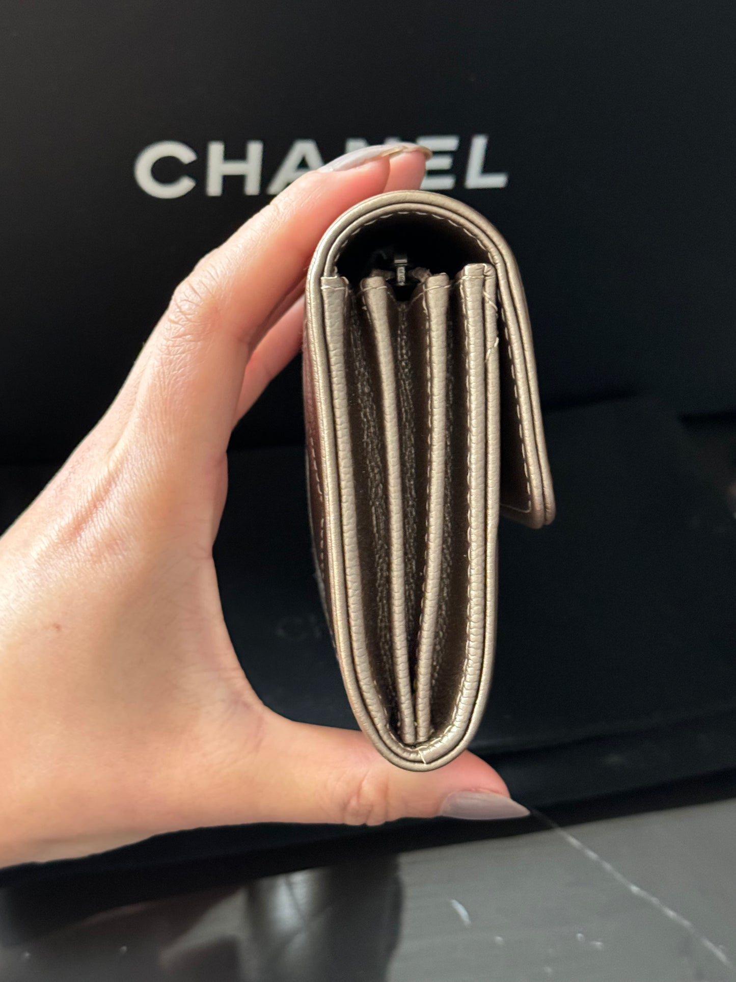 Never worn!! 
Chanel boy leather wallet (chain adaptable)