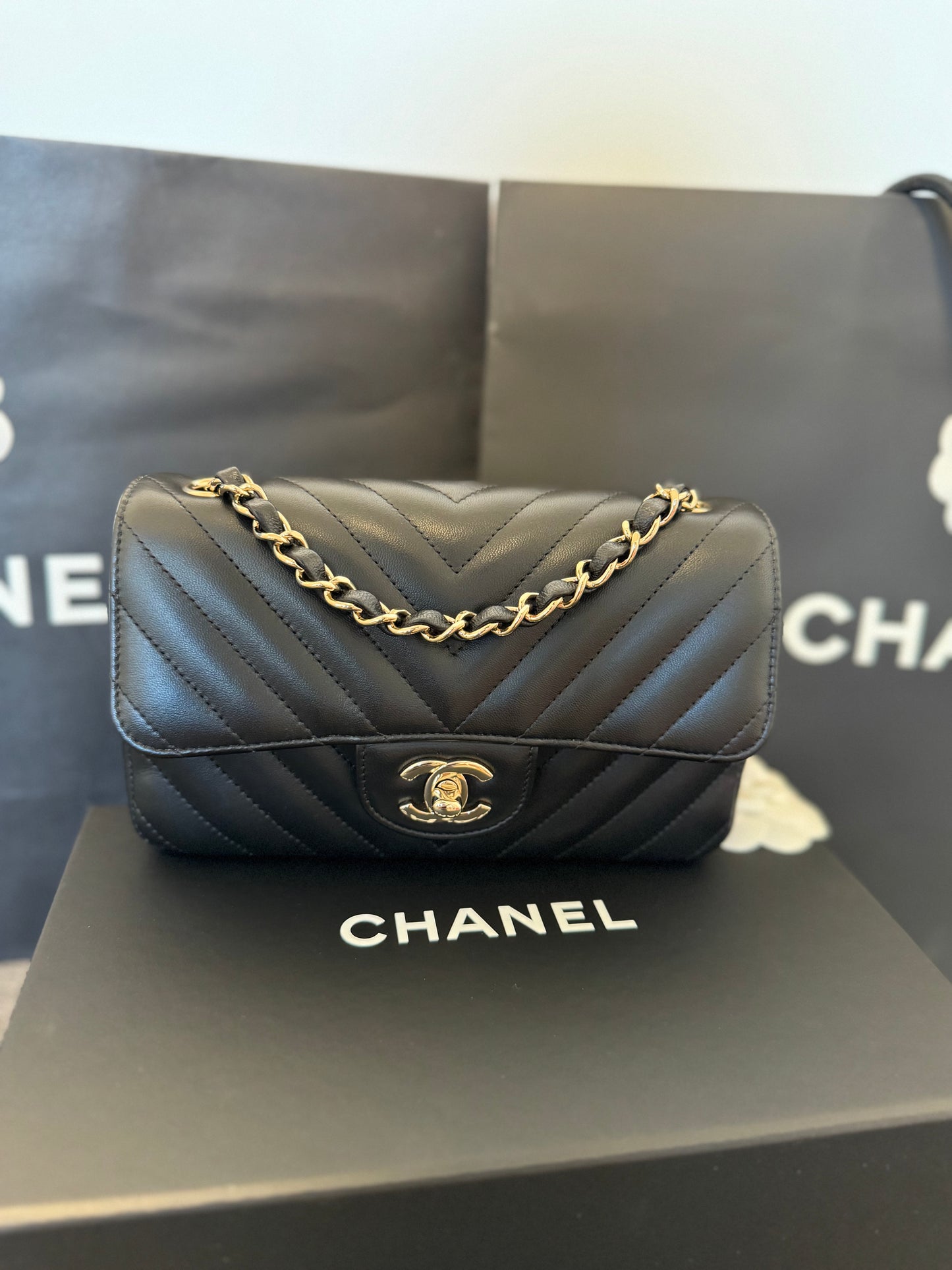 Chanel Mini Black Chevron Classic Flap Bag