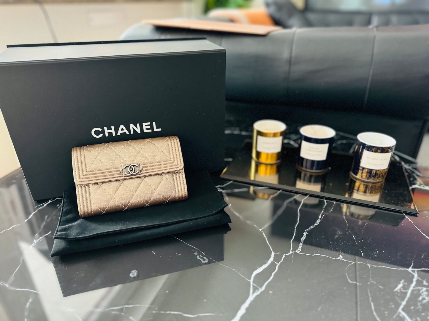 Never worn!! 
Chanel boy leather wallet (chain adaptable)